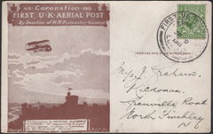135502 1911 FIRST OFFICIAL U.K. AERIAL POST LONDON POST CARD IN BROWN TO NORTH FINCHLEY.