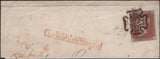 135513 1843 PIECE FROM LONDON WITH 1D PL.35 (SG8)(AA), MISSING IMPRIMATUR LETTERING AND 'CharlesStMiddxHospital' RECEIVERS HAND STAMP IN RED (L514/CHRLMH7a).