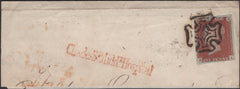135513 1843 PIECE FROM LONDON WITH 1D PL.35 (SG8)(AA), MISSING IMPRIMATUR LETTERING AND 'CharlesStMiddxHospital' RECEIVERS HAND STAMP IN RED (L514/CHRLMH7a).