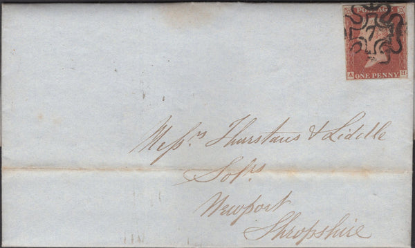 135516 1844 MAIL LONDON TO NEWPORT, SHROPSHIRE WITH 1D PL.34 (SG8) CANCELLED LONDON No.7 IN MALTESE CROSS (SPEC B1ug).