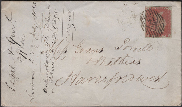 135517 1853 MAIL LONDON TO HAVERFORDWEST WITH 1D PL.163 (SG8)(OD).