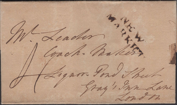 135530 1791 MAIL NEWMARKET, SUFFOLK TO LONDON WITH 'NEW/MARKET' TWO LINE HAND STAMP (SK271).