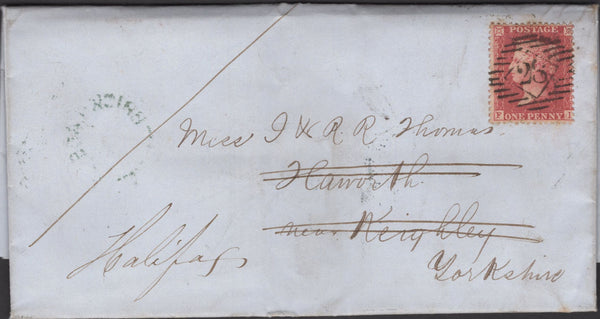 135550 1858 MAIL LONDON TO KEIGHLEY, YORKSHIRE, RE-DIRECTED TO HALIFAX WITH 'BRICK-LANE' UDC.