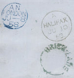 135550 1858 MAIL LONDON TO KEIGHLEY, YORKSHIRE, RE-DIRECTED TO HALIFAX WITH 'BRICK-LANE' UDC.