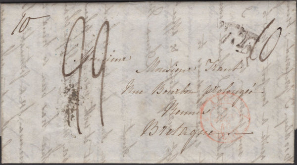 135576 1840 MAIL SPETISBURY, DORSET TO RENNES, FRANCE WITH VARIOUS HAND STAMPS AND CHARGE MARKS.