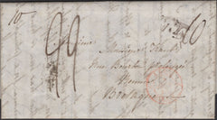 135576 1840 MAIL SPETISBURY, DORSET TO RENNES, FRANCE WITH VARIOUS HAND STAMPS AND CHARGE MARKS.