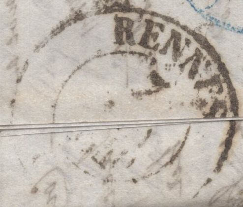 135576 1840 MAIL SPETISBURY, DORSET TO RENNES, FRANCE WITH VARIOUS HAND STAMPS AND CHARGE MARKS.