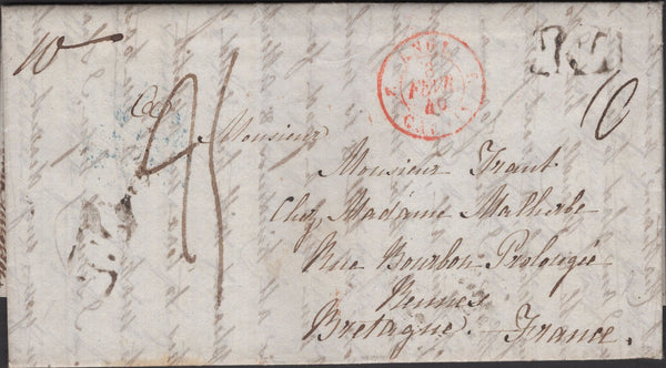 135577 1840 MAIL SPETISBURY, DORSET TO RENNES, FRANCE WITH VARIOUS CHARGE MARKS AND HAND STAMPS.