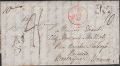 135577 1840 MAIL SPETISBURY, DORSET TO RENNES, FRANCE WITH VARIOUS CHARGE MARKS AND HAND STAMPS.
