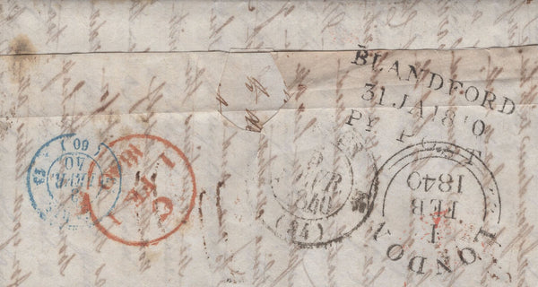 135577 1840 MAIL SPETISBURY, DORSET TO RENNES, FRANCE WITH VARIOUS CHARGE MARKS AND HAND STAMPS.