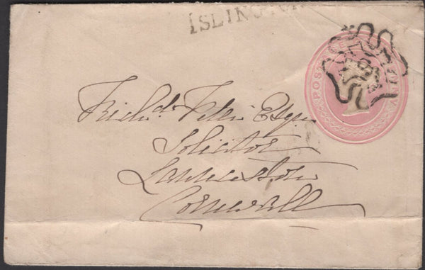 135578 1843 1D PINK ENVELOPE LONDON TO CORNWALL WITH LONDON NUMBER '9' IN MALTESE CROSS.
