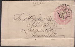 135578 1843 1D PINK ENVELOPE LONDON TO CORNWALL WITH LONDON NUMBER '9' IN MALTESE CROSS.