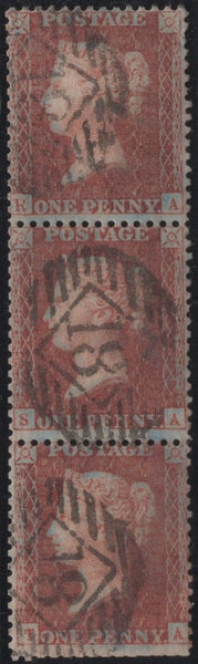 135583 1856 DIE 2 1D PL.45 BROWN-ROSE (SG32) VERTICAL STRIP OF THREE.