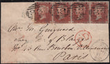 135586 1857 MOURNING ENVELOPE ATHERSTONE, WARWICKS TO PARIS WITH STRIP OF FOUR DIE 2 1D PL.33 (SG29).