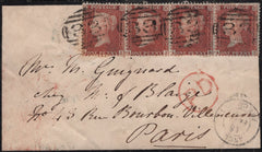 135586 1857 MOURNING ENVELOPE ATHERSTONE, WARWICKS TO PARIS WITH STRIP OF FOUR DIE 2 1D PL.33 (SG29).