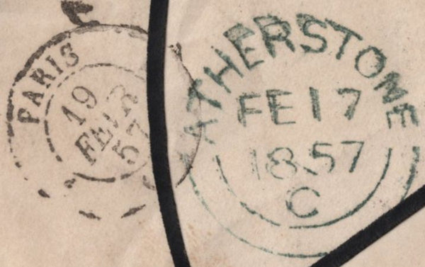 135586 1857 MOURNING ENVELOPE ATHERSTONE, WARWICKS TO PARIS WITH STRIP OF FOUR DIE 2 1D PL.33 (SG29).