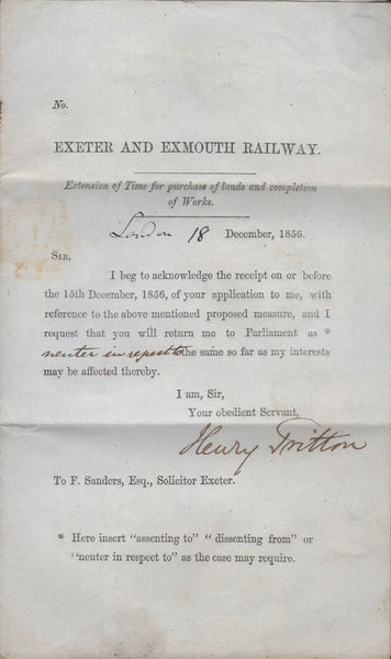 135587 1856 MAIL LONDON TO EXETER WITH 1D PL.37 (SG29)(BC) PRINTED CONTENT 'EXETER AND EXMOUTH RAILWAY'.