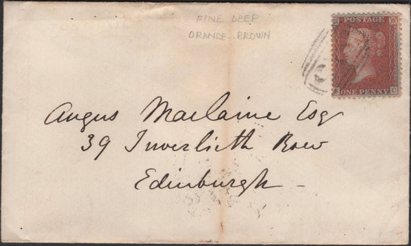 135594 1856 MAIL THORNBURY, GLOS TO EDINBURGH WITH DIE 2 1D PL.32 DEEP ORANGE-BROWN (SG33)(SC).