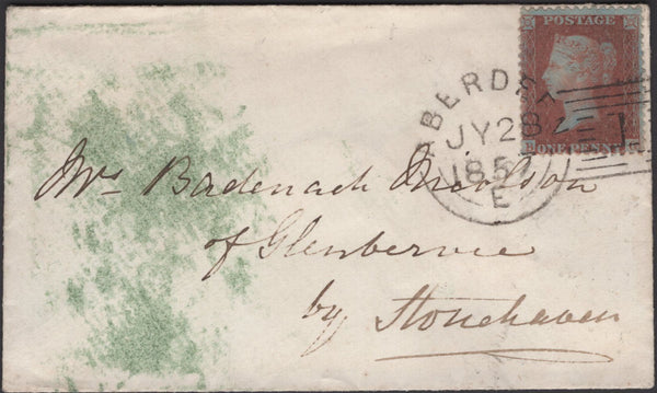 135598 1857 MAIL ABERDEEN TO GLENBERVIE, STONEHAVEN WITH DIE 2 1D PL.42 (SG29) WITH 'ABERDEEN/1' EXPERIMENTAL DUPLEX,