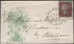 135598 1857 MAIL ABERDEEN TO GLENBERVIE, STONEHAVEN WITH DIE 2 1D PL.42 (SG29) WITH 'ABERDEEN/1' EXPERIMENTAL DUPLEX,