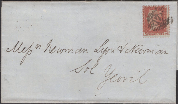 135614 1855 MAIL LONDON TO YEOVIL WITH DIE 2 1D PL.2 (SG21)(ND).