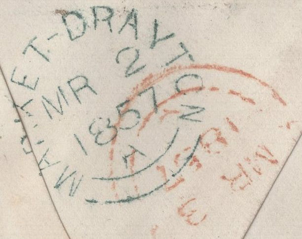 135621 1857 MAIL MARKET DRAYTON, SHROPS TO BROADWAY WITH DIE 2 1D PL.34 BROWN-ROSE SHADE (SG32).