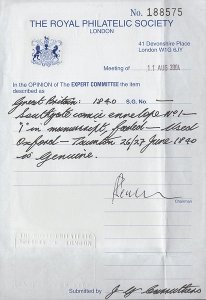 135694 1840 POSTALLY USED SOUTHGATE CARICATURE NO.1 FROM OXFORD TO TAUNTON.