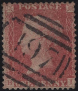 135790 1861 DIE 2 1D PL.50 (SG42)(BI) CANCELLED '197' 3HOS NUMERAL OF RHUABON, DENBIGHSHIRE.
