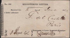 135792 1844 'REGISTERED LETTER' RECEIPT CONCERNING PACKAGE TO PARIS.