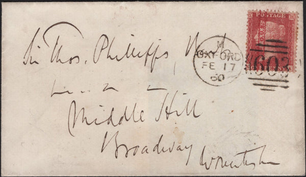 135794 1860 MAIL OXFORD TO WORCESTERSHIRE WITH DIE 2 1D ROSE-RED ON WHITE PAPER (SG40) VARIETY 'O.U.S.' OVERPRINT DOUBLE (SPEC PP20).