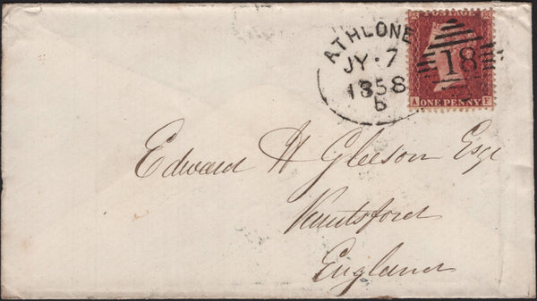 135796 1858 MAIL ATHLONE TO KNUTSFORD WITH DIE 2 1D (SG40) CANCELLED 'ATHLONE/18' IRISH TYPE SPOON (RA3).