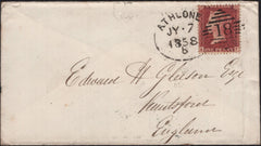 135796 1858 MAIL ATHLONE TO KNUTSFORD WITH DIE 2 1D (SG40) CANCELLED 'ATHLONE/18' IRISH TYPE SPOON (RA3).