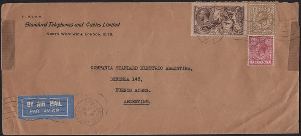 135808 1933 AIR MAIL VICTORIA DOCKS, LONDON TO ARGENTINE WITH 2/6 SEAHORSE (SG415) AND 6D AND 1S.