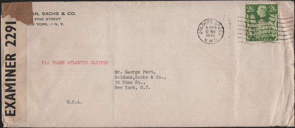 135809 1942 MAIL 'VIA TRANSATLANTIC CLIPPER' LONDON TO NEW YORK WITH KGVI 2S 6D YELLOW-GREEN (SG476b).