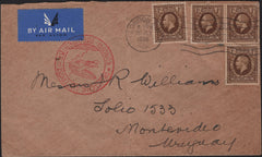135821 1938 MAIL LONDON TO URUGUAY WITH 1S PHOTOGRAVURE (SG449) X 4.