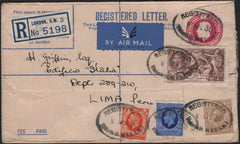 135830 1936 REGISTERED AIR MAIL LONDON TO LIMA, PERU WITH 2/6 SEAHORSE (SG450) AND OTHER ISSUES.