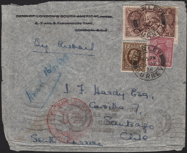 135833 1939 AIR MAIL HORLEY, SURREY TO CHILE WITH 2/6 SEAHORSE (SG450).