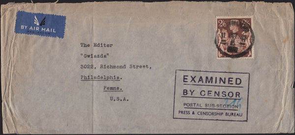 135843 1941 MAIL LONDON TO USA WITH KGVI 2/6 BROWN (SG476).