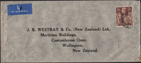 135844 1939 AIR MAIL LONDON TO NEW ZEALAND WITH KGVI 2/6 BROWN (SG476).