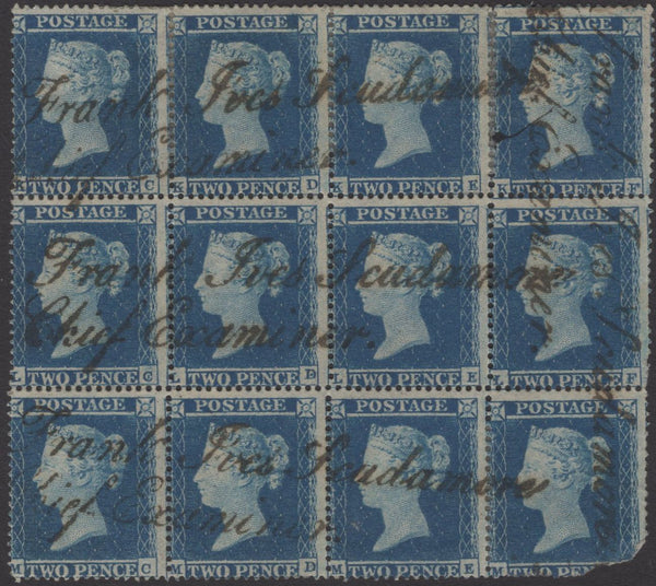 135963 1854 2D BLUE PL.4 S.C.16 (SG19) WITH 'Frank Ives Scudamore/Chief Examiner' HAND STAMPS.