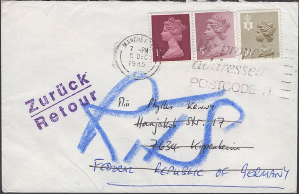 135968 1985 UNDELIVERED MAIL MANCHESTER TO GERMANY.