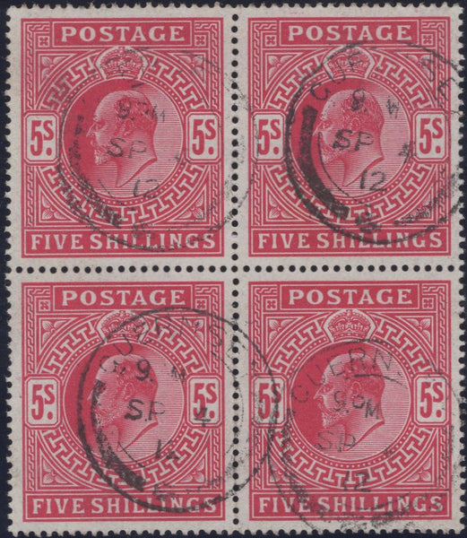 135969 1912 5S CARMINE (SG318) VERY FINE USED BLOCK OF FOUR.