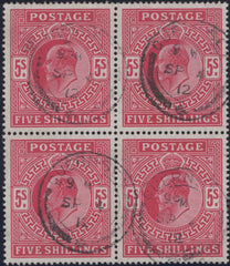 135969 1912 5S CARMINE (SG318) VERY FINE USED BLOCK OF FOUR.