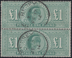 135973 1902 £1 DULL BLUE-GREEN (SG266) VERY FINE USED VERTICAL PAIR.