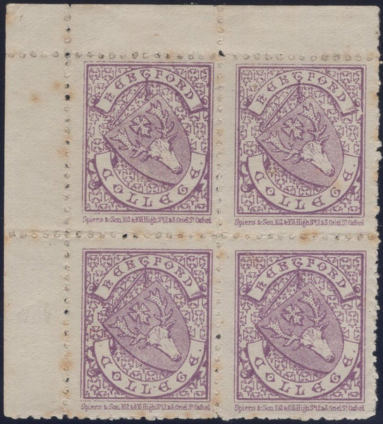 135979 1879 ½D BRIGHT MAUVE HERTFORD COLLEGE (CS4), MINT BLOCK OF FOUR.
