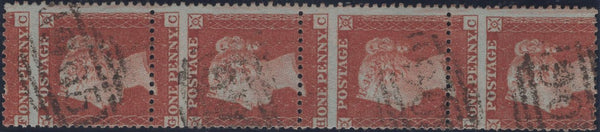 136032 1855 DIE 1 1D PLATE 203 S.C.14 (SG22) VERTICAL STRIP OF FOUR MISPLACED SHEET VARIETY.