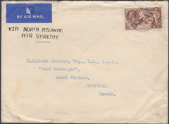 136069 1939 AIR MAIL MAIDSTONE, KENT TO MONTREAL, CANADA WITH 2/6 RE-ENGRAVED SEAHORSE (SG450).
