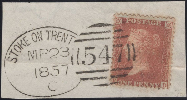 136072 1857 SMALL PIECE WITH DIE 2 1D (SG29), 'STOKE ON TRENT/547' SPOON CANCELLATION (RA121).