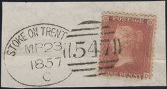 136072 1857 SMALL PIECE WITH DIE 2 1D (SG29), 'STOKE ON TRENT/547' SPOON CANCELLATION (RA121).