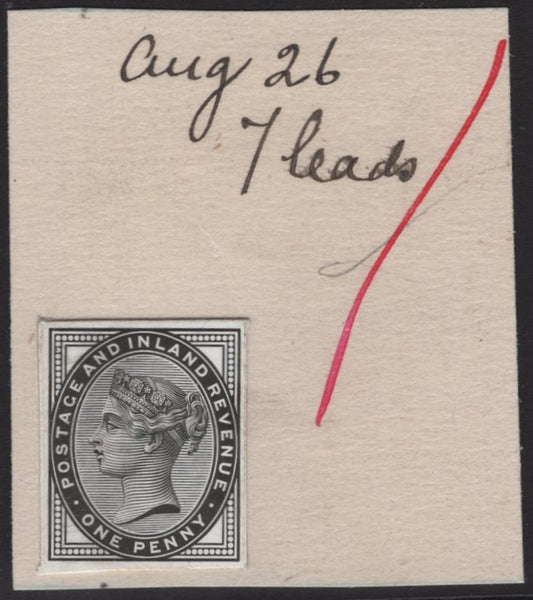 136074 1881 1D LILAC DIE 2 (SG172) DIE PROOF FROM THE DE LA RUE ARCHIVES STRIKING BOOK.